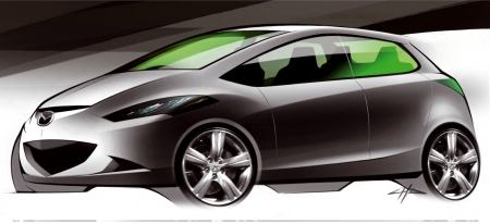 Előzetes formatervezői grafika az új Mazda2-ről.