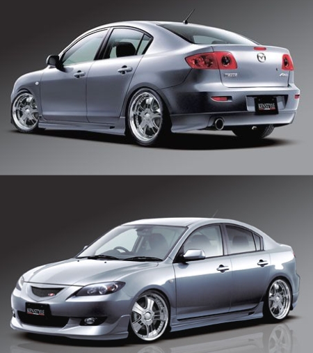 Japánból importált Mazda3 Sedan KS tuning karosszéria kiegészítő elemek. Első lökhárító toldat: 164146,-Ft. Küszöb légterelő: 188926,-Ft. Hátsó lökhárító toldat: 160120,-Ft.