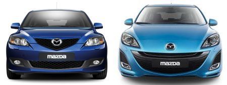 Az első generációs és az új Mazda3. Az első generációs és az új Mazda3.